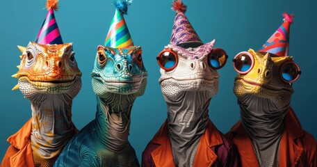 Colorful Dinosaur Birthday Bash: Funky Dinosaurs in Party Hats on Blue Background