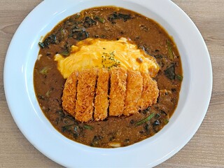 Japanese pork cutlet with egg omelette curry rice. Japanese food. Pork tonkatsu