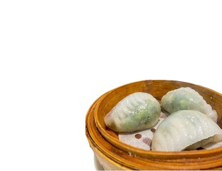 Chinese dim sum isolated on white background. Steamed dumplings with scallop and spinach, Chinese food concept