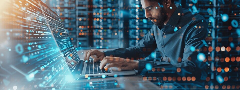 Computer engineer working on laptop in data center, IT support, digital technology, database management, network server