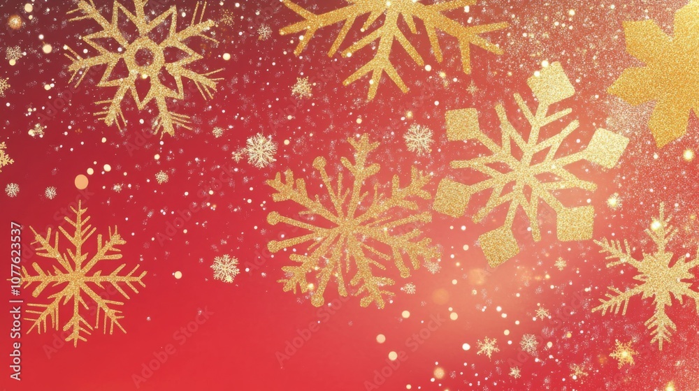 Fototapete a red background with a gradient of light to dark red is adorned with numerous gold snowflakes, each