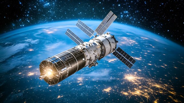Cargo spacecraft slowly approaching a large space station, symbolizing the advancement and collaboration in space exploration.