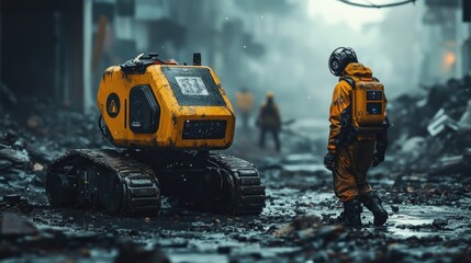 A futuristic robot and a person in hazmat suit walk through a destroyed city.