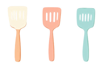 Collection of Spatulas in Pastel Colors , Simple Shapes and Bright Colors in a Minimalistic Style, isolated on transparent PNG background.