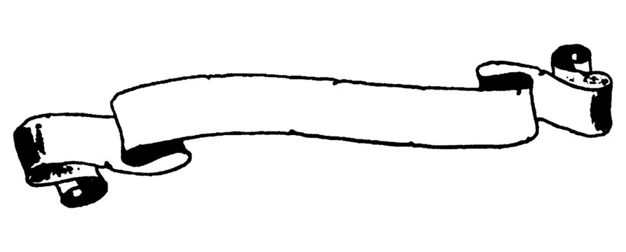 
This black-and-white vector illustration depicts a simple, vintage-style ribbon banner with curled ends. The minimalistic, hand-drawn appearance makes it ideal for unique logo designs