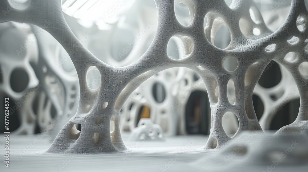 Fototapete abstract white organic structure with holes and openings, creating a labyrinthine and porous design.