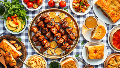 Various picnic barbeque food and drink flatlay. Summer bbq picnic food, assorted grilled meats, kebabs, vegetable, fruit salad, traditional picnic summer pie cake, sandwiches, top view copy space is