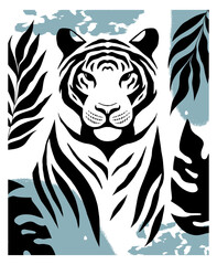 Hand-drawn Graphic Illustration with Tiger and Tropical Leaves.