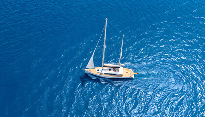 Obraz premium Aerial view of beautiful sailboat yacht boat on the sea, Luxury yacht ship boat in the open sea, Sailing ship yacht isolated with white highlights, png