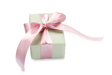 Beautiful gift box with pink bow isolated on white