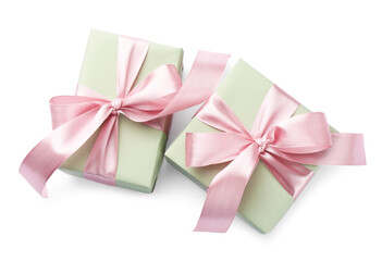 Beautiful gift boxes with pink bows isolated on white, top view