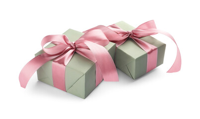 Beautiful gift boxes with pink bows isolated on white