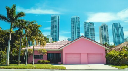 Modern pink house with dark roof near a metropolitan area, featuring a contemporary mansion design with a spacious garage. The property is surrounded by tall palm trees and set in a suburban landscape