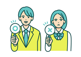 正解と不正解。まるとばつの札を持つ学生。男女のベクターイラスト素材。