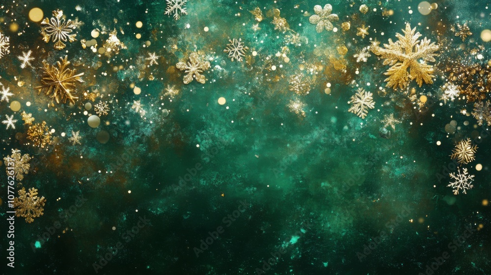 Poster The background features an array of snowflakes and golden elements scattered across a rich green surface, creating a festive atmosphere perfect for holiday decorations and celebrations.