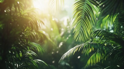Golden sunlight penetrates the dense foliage of a tropical forest, creating a serene atmosphere filled with greenery. Generative AI