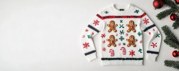 A festive, cozy sweater featuring gingerbread men, snowflakes, and candy canes, perfect for holiday celebrations and winter warmth.