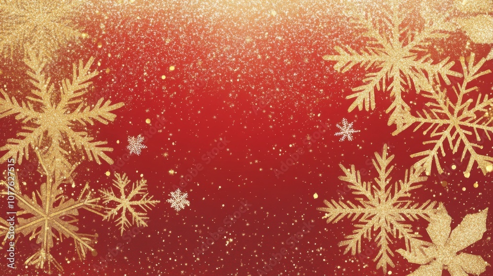 Poster a vibrant display of shimmering gold and white snowflakes on a bold red background sets a festive mo