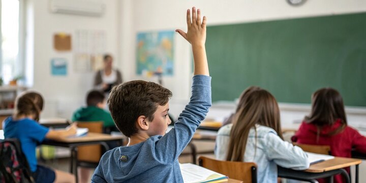 Estudiante en aula levantando la mano, mostrando inter&eacute;s y participaci&oacute;n en la clase.
