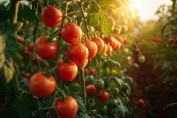 Obraz premium Ripe Tomatoes on the Vine at Sunset in Organic Farm
