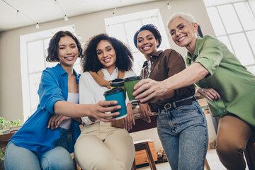 Photo of successful corporate women toothy smile clink coffee cup modern interior office business center indoors