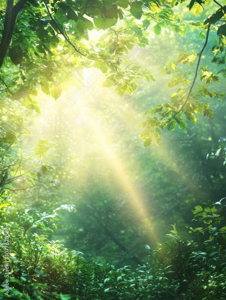 Poster sunlight streams through lush green leaves, illuminating the tranquil atmosphere of a tropical fores