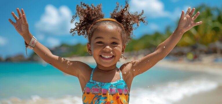 Joyful girl jumping on beach under blue sky during summer vacation