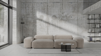 Contemporary living room with beige sofa and concrete wall design, 3d