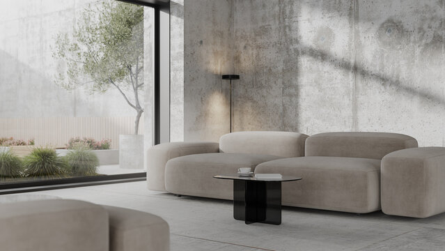 Hotel lounge with sofa and panoramic window with garden view, 3d