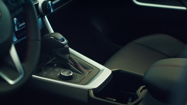 Close up shot of car interior console gear lever, wheel, beverage holder and transmission control panel. Panning shot of vehicle gear shift electronic panel control buttons