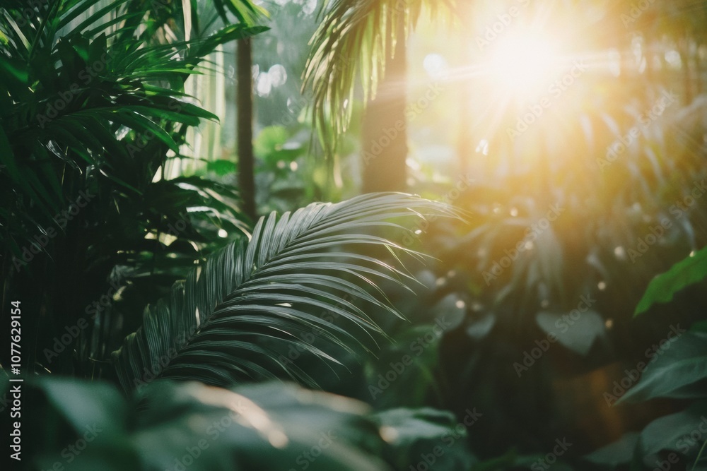 Poster bright sunlight streams through a dense canopy, highlighting the rich greenery of a tropical forest,