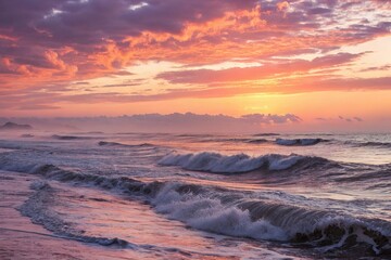 Sunrise over vast ocean with rolling waves creating a sense of movement and energy, clouds, landscape, natural, scenic, dawn