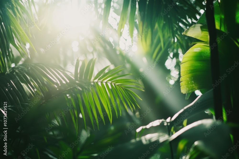 Poster sunlight streams through dense tropical leaves, creating a serene and vibrant atmosphere in the lush
