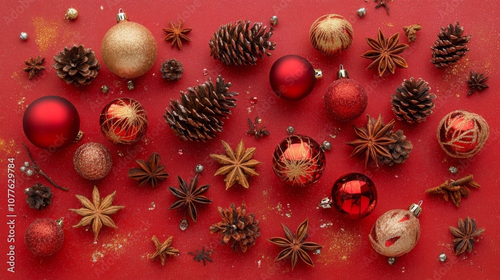 Aufkleber a flat lay of various christmas ornaments arranged on a red background. the ornaments are red, gold,