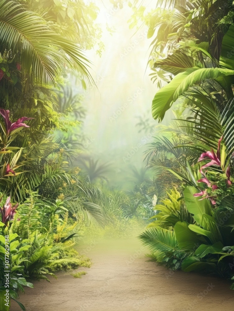 Fototapete sunlight streams through lush foliage, illuminating a tranquil path in a vibrant tropical forest, cr
