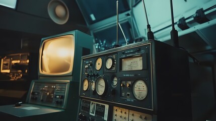 Vintage space communication equipment in a dimly lit room, symbolizing the intersection of old technology and new frontiers, where the past meets the future in a quest for knowledge and exploration.