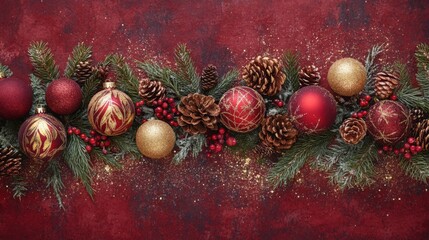 A close-up image of a Christmas garland with red and gold ornaments, pine cones, and sprigs of evergreen. The garland is arranged across a dark red background with a scattering of gold glitter.