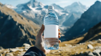 A hand holds a water bottle against a scenic mountain landscape.