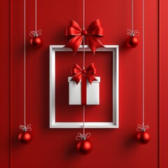 Minimalist Red Background with Hanging White Gift Box Frame Vector Illustration