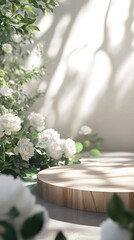 Minimal wood stage for show product on cement floor, in front of white peonies and green plants. The sunlight shines through the window, generative ai