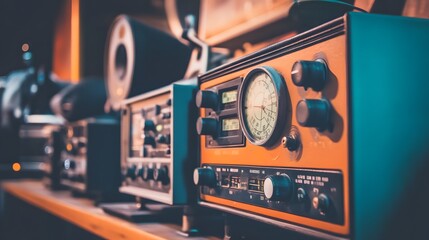 Vintage space communication equipment in a dimly lit room, symbolizing the intersection of old technology and new frontiers, where the past meets the future in a quest for knowledge and exploration.