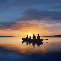 A family of four enjoys a peaceful boat ride on a calm lake as the sun sets over the horizon, casting a warm golden glow on the water.