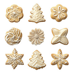 Collection set of Christmas cookies in different shapes and sugar icing decor isolated on white background , ai