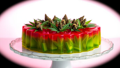 Mello Jello: Edible Arrangement of Cannabis baked into Jello Mold Served on Cake Stand on Marble Counter with Pink Background isolated with white highlights, png