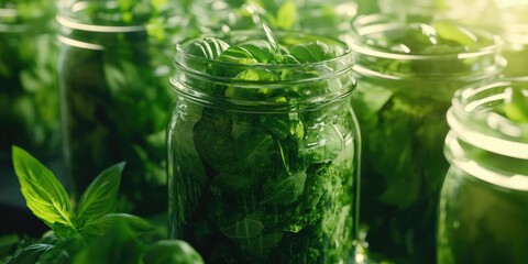 Fresh Basil Leaves in Jar
