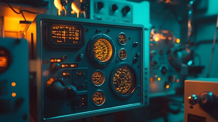 Vintage space communication equipment in a dimly lit room, symbolizing the intersection of old technology and new frontiers, where the past meets the future in a quest for knowledge and exploration.