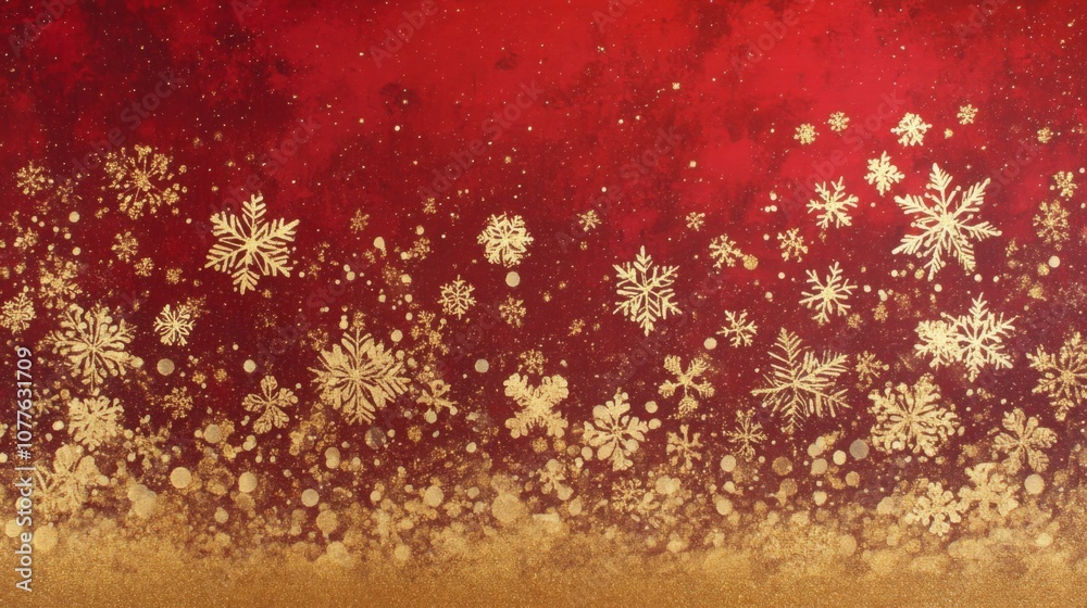 Aufkleber a vibrant red background serves as a canvas for elegant golden snowflakes and shimmering dots, creat