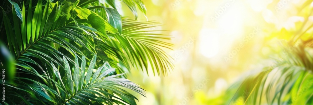 Poster sunlight streams through the canopy, illuminating rich green leaves in a thriving tropical forest en