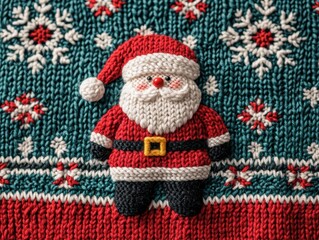 A festive knitted design featuring a cheerful Santa Claus ornament on a green and red background, adorned with snowflakes.