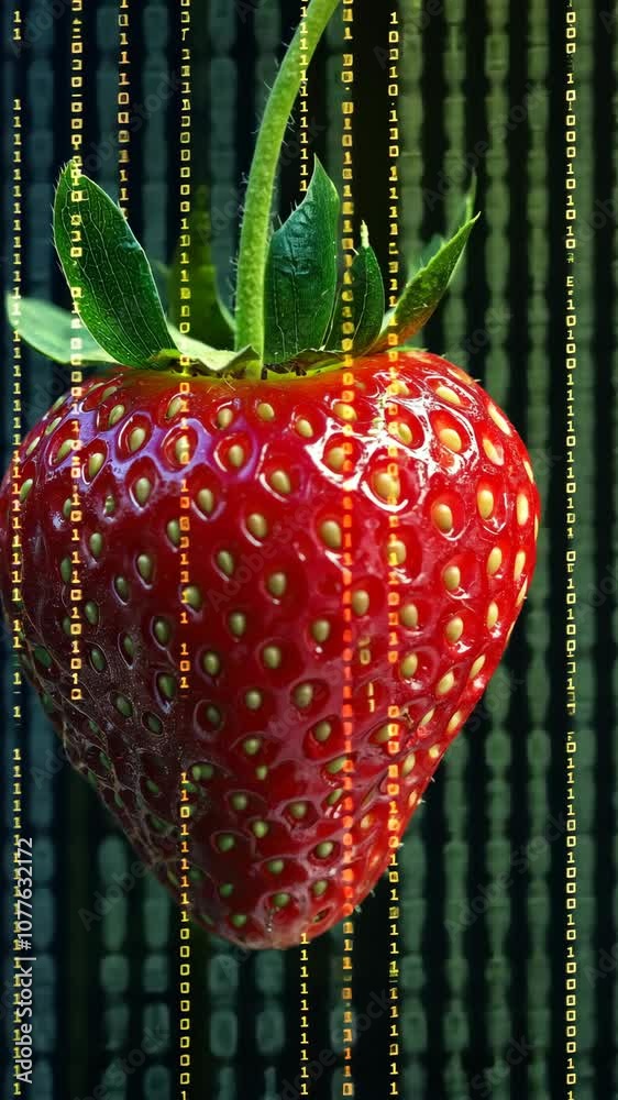 Poster strawberry with digital code overlay, concept of nature and technology fusion